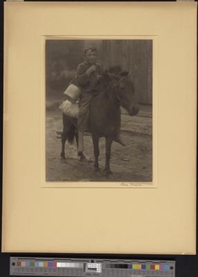 Child, holding pail and seated on donkey (recto)