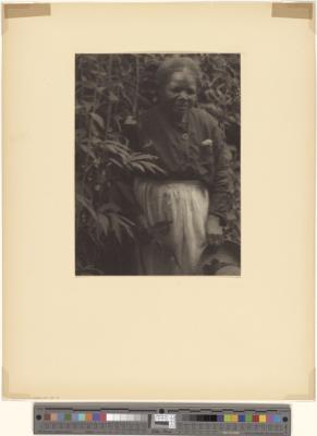 African-American woman, by vines, holding big straw hat [b009] [f000] [005] (recto)