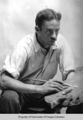 Frank Long, painter, muralist, Berea College, with palette