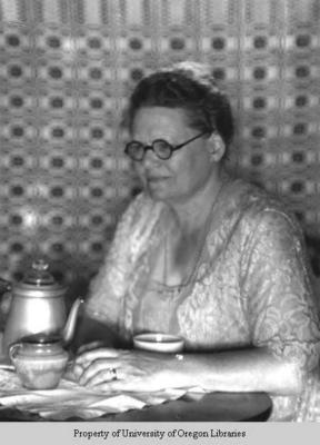 Anna Ernberg, with tea set, woven background