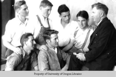 Dean Baird and class. [6 unidentified male students]