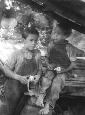 Boys peeling apples