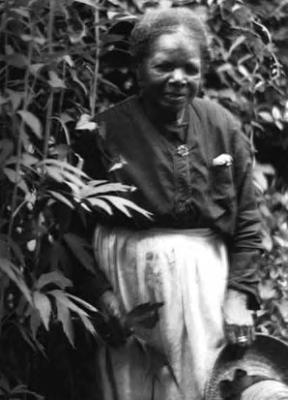 African-American woman, by vines, holding big straw hat